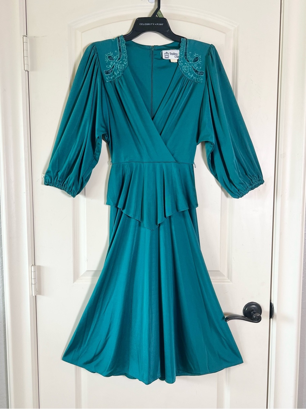 Vintage 70s Trolley Car Teal Midi Dress ILGWU Union Made Lace Medium